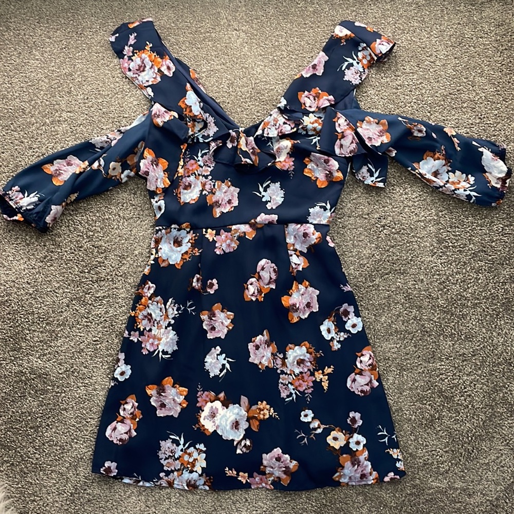 Navy cut off shoulder dress